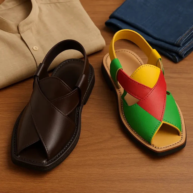 Premium leather Kaptaan and colorful Zalmi Peshawari chappals for men, ideal for formal and casual wear.
